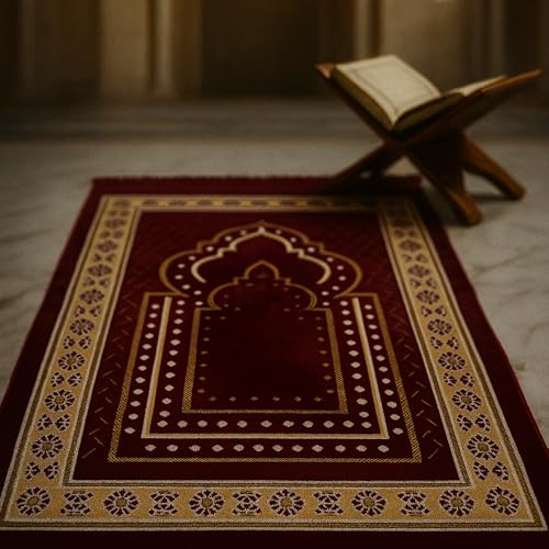 Turkish Muslim Prayer Rug, Mat with Beads for Men Women, Ramadan Hajj Gift (RED) - color: Red