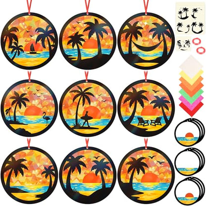 Renbuzhu 48PCS Summer Crafts: Paper Tropical Palm Tree Suncatchers DIY Kits, Window Stained Glass Effect Art Supplies for Hawaiian Luau Tiki Beach Party Favors - style: palm tree