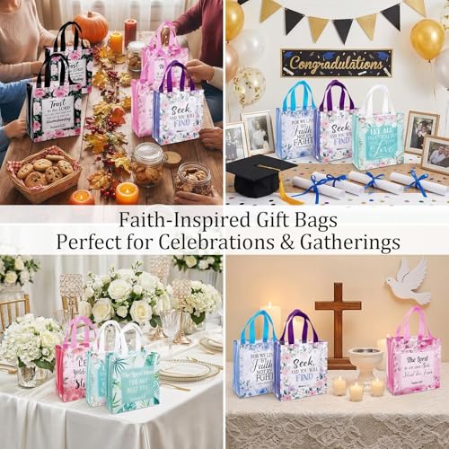 32 Pcs Christian Gift Bags for Women Non Woven Bulk Religious Gift Bags with Handles Reusable Flower Bible Verse Tote for Church Events, Baptism, Easter, Communion, Wedding