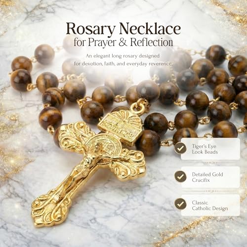 RUDELL Rosary Beads Catholic for Women - Rosary Necklace for Women with Pearl Beads - Medal Cross Saint Benedict Rosary for Men - Prayer Rosarios Catolicos Jewelry Gift - color: Tiger's eye