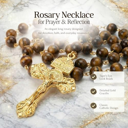 RUDELL Rosary Beads Catholic for Women - Rosary Necklace for Women with Pearl Beads - Medal Cross Saint Benedict Rosary for Men - Prayer Rosarios Catolicos Jewelry Gift - color: Tiger's eye