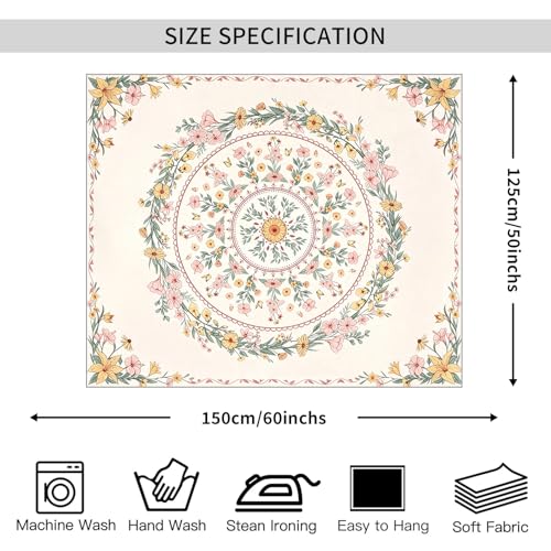 WIUHIO Bohemian Mandala Flower Tapestry Beige Pink Floral Aesthetic Wall Hanging Trendy Wildflower Medallion Print For Girly Apartment Wall Decor 50 x 60 inches - color: Beige, size: 60"L x 50"W