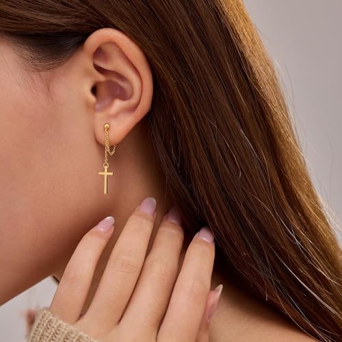 925 Sterling Silver CZ Moon Cross Heart Teardrop Chain Earrings for Women - color: Cross-Gold
