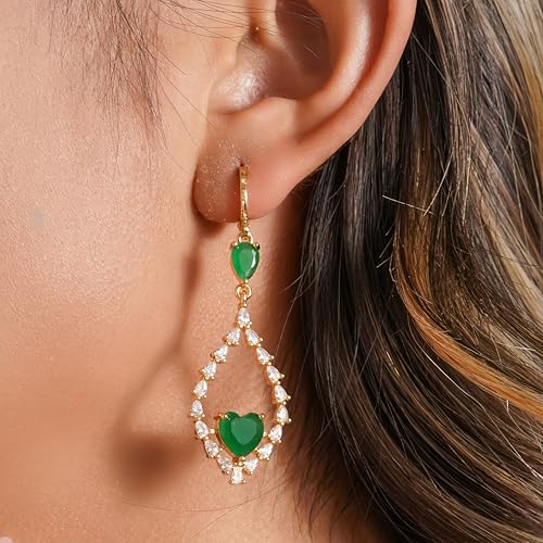 18K Gold Plated, Dangle Earrings for Women, Flower/Heart Drop earrings, Hypoallergenic Cubic Zirconia Earrings, Lightweight, Party, gold earrings, Jewelry for Gifts, Fashion - style: 7508-Green