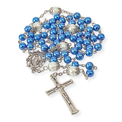 Nazareth Store Pearl Beads Rosary White Our Father Beaded Necklace Lourdes Medal & Cross Crucifix Spiritual Devotion - color: Blue