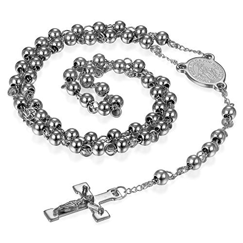 Rosary Beads Cross Necklace for Women Men, Stainless Steel Lords Prayer Long Chain Necklace Jewelry Gifts Y Necklace - color: SILVER-6mm