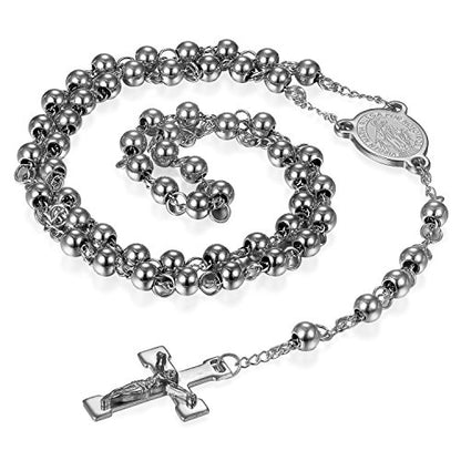 Rosary Beads Cross Necklace for Women Men, Stainless Steel Lords Prayer Long Chain Necklace Jewelry Gifts Y Necklace - color: SILVER-6mm