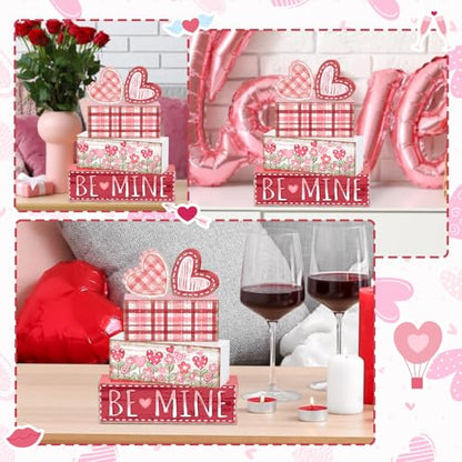 Britimes Tiered Tray Decor Set, 4 Pack, Wooden Table Sign, Valentine Flower - color: Valentine’s Day Pink Hearts