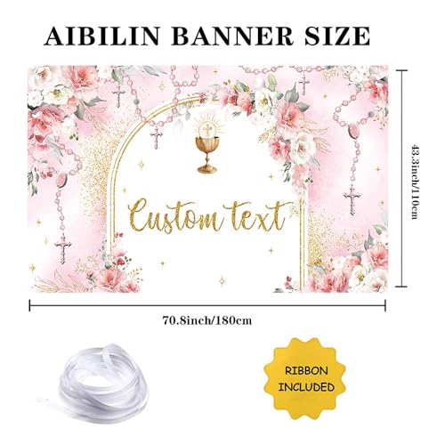 AIBIIN First Holy Communion Custom Backdrop for Girl Mi Primera Comunión Party Personalized Decorations Pink and Elegant Floral Party Banner Dove Bible God Bless Party Photo Props 6x3.6ft - color: Pink Custom, size: 6x3.6ft