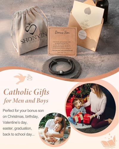 Shonyin Religious Catholic Gifts for Teen Boy Men, Cross Bracelet with Card - style: Bonus Son