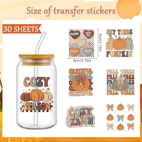 Rngmsi UV DTF Cup Wrap - 30 Sheets Retro Fall UV DTF Stickers for Glass Mug - style: Retro Fall