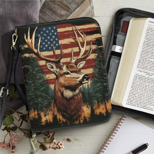 Bible Cover for Women Men with Bookmark and Shoulder Strap Large Leather Bible Case Vintage Bibles Protector - color: American Flag Reindeer, size: Large