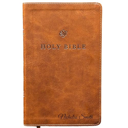 Personalized ESV Premium Church Bible, Large Print – Brown TruTone Faux Leather | Custom Name Engraved | English Standard Version with 10 pt Font, Ribbon Marker & Smyth-Sewn Binding (Name Only)