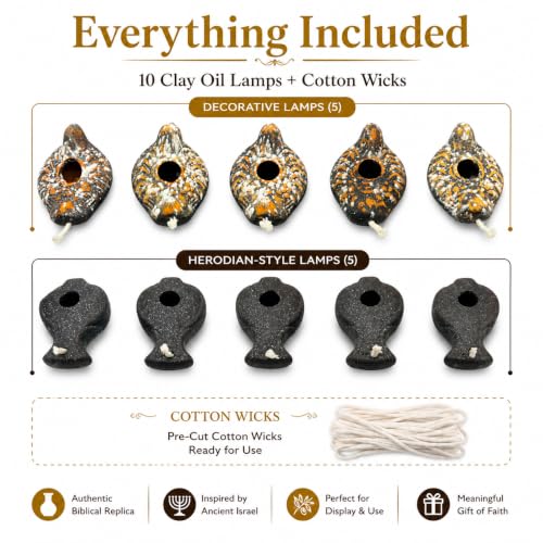 Ancient Clay Oil Lamps - 10 Count Herodian Replica Set - color: Dark