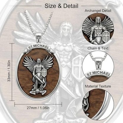 ONEFINITY Wooden Necklace Viking Wolf/St Benedict Medals/St Michael/Crucifix/St Christopher Pendant Necklace for Men Archangel Amulet Wooden Religious Jewelry Gifts for Men Women - style: St Michael-Round
