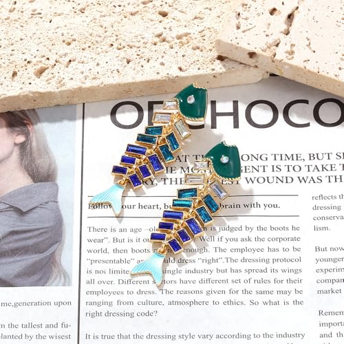 Fish Bone Earrings Drip Oil Animal Earrings Colorful Crystal Sparkly Enamel Earrings Creative Long Fishbone Earstud Dangle Fish Drop Earrings Jewelry for Women - color: Blue