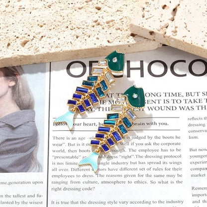 Fish Bone Earrings Drip Oil Animal Earrings Colorful Crystal Sparkly Enamel Earrings Creative Long Fishbone Earstud Dangle Fish Drop Earrings Jewelry for Women - color: Blue