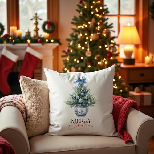 Chinoiserie Christmas Tree Pillow Covers 18x18, Grandmillennial Christmas Decor, Preppy Coquette Blue and White Xmas Tree Throw Pillow Covers for Home Living Room Bedroom Sofa Couch - color: 16 Color