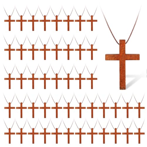 Wood Cross Necklace Bulk Set, Wooden Cross Pendant with Cord - color: 50 Pcs