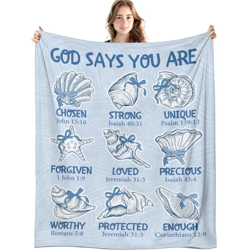 Blue Christian Blanket, God Says You are Bible Verse Preppy Beach Seashell Throw Blankets for Girly Room Bedroom Dorm Couch Bed Decor, Religious Coastal Inspirational Blanket, 50x60 Inch - color: 01-bible Verse Preppy Beach Seashell(blanket-01)