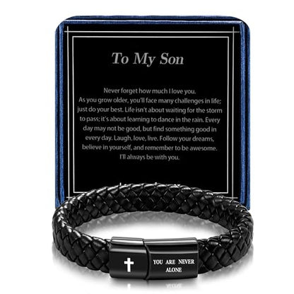 Black Braided Leather Bracelet for Men, Bible Verse Inspirational Christian Religious Bracelet for Man Dad Husband Boyfriend Grandson Son Birthday Baptism Easter Gifts - color: To My Son