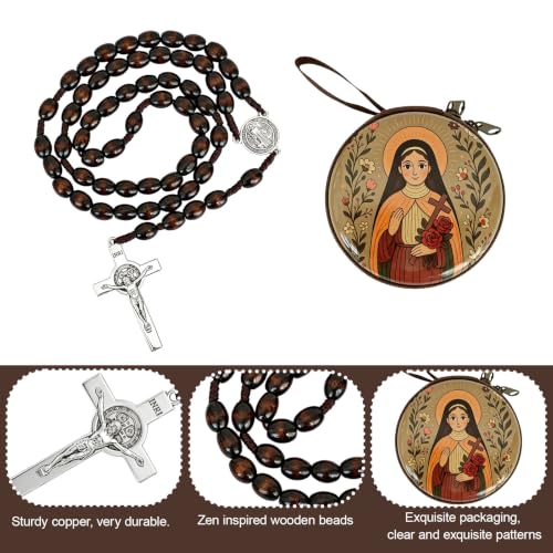 Wooden Catholic Rosary Beads, Rosarios Catolicos with Decorative Prayer Box - color: Brown (4)