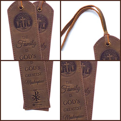 Leather Bible Bookmarks - 2 Leather Christian Bookmarks with Inspirational Verse | The Family is God’s Greatest Masterpiece | Perfect Religious Book Marker Gifts for Men, Women, Readers, Family - style: Family Tree