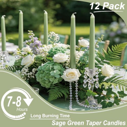 Sage Green Taper Candles - 10 Inch Dripless Smokeless Candlesticks 12 Pack Unscented Tapered Candle Paraffin Wax Long Slow Burning Tall Candle Sticks for Dinner St. Patrick's Day - color: 12-sage green, size: 12 Pcs