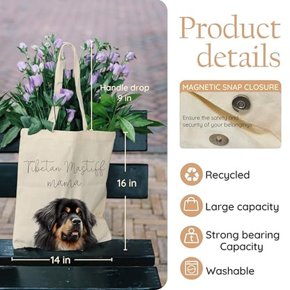 Dog Mom Canvas Tote Bag for Women, Reusable Cotton Shoulder Bag, Dog Lover Gift, Mother’s Day Pet Mom Shopping Tote - color: Tibetan Mastiff
