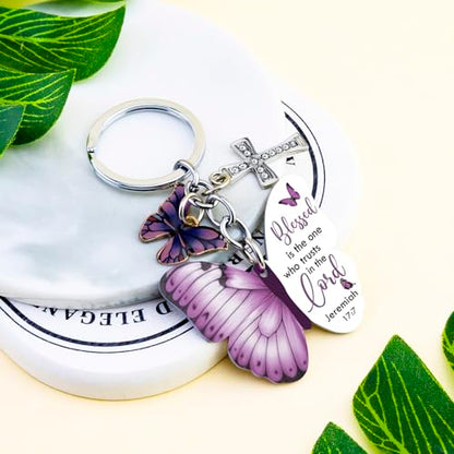 Butterfly Christian Keychain Women Cross Bible Verse Keychain Butterfly Purse Charm Inspirational Religious Gifts - color: Purple