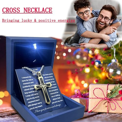 MGOOL Son Gifts From Mom To My Son Necklace From Dad Faith Cross Necklace Present Graduation Birthday Gifts Message Card＆LED Gift Box - color: SN928 Gold-black Led Box