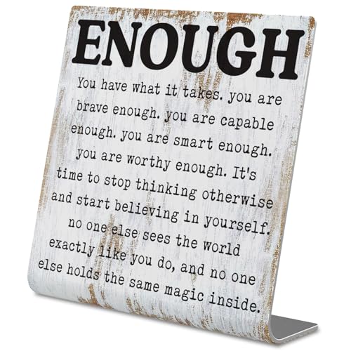 Enough Inspirational Desk Sign Self Worth Affirmation Plaque, Rustic Stainless Steel Motivational Quote Decor for Women, Teens, Therapists, Teachers, Office or Home Gift of Encouragement XLK515 - style: Enough