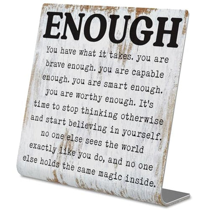 Enough Inspirational Desk Sign Self Worth Affirmation Plaque, Rustic Stainless Steel Motivational Quote Decor for Women, Teens, Therapists, Teachers, Office or Home Gift of Encouragement XLK515 - style: Enough