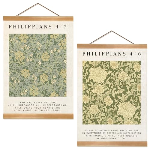 Inspirational Scripture Wall Art Poster,Christian Bible Verse Wall Poster with Solid Frame,Vintage Canvas Hanging Wall Art Decor for Bedroom, Living Room, and Office,Best Mother's day Gift for Mom Set of 2 (Philippians 4:6-4:7) - color: Philippians 4:7