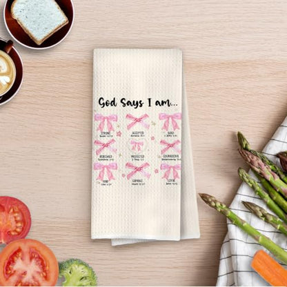 Coquette Christian Kitchen Towels - Pink Coquette Decorative Waffle Weave Dish Towels, God Says I Am Hand Towels, Christian Gifts Tea Towel, Bible Gifts, 16×24 Inches - color: Christian- 04