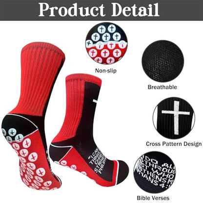 3 Pairs Cross Socks with Bible,Philippians 4: 13 Christian Socks US 6-13, Grip Sport Sock for Football, Soccer, Gym - color: Black Red