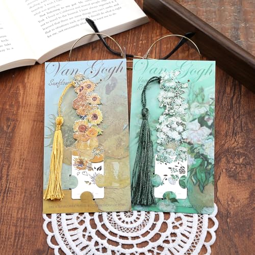 2 Metal Bookmarks with Tassel, Oil Painting Sunflowers and Vase with Roses - style: 《Sunflowers》 and 《Vase with Roses》