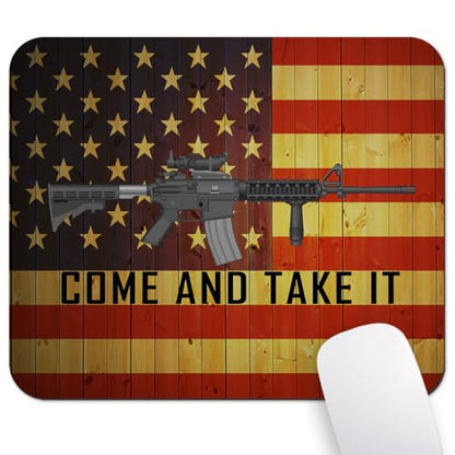 Come and Take It AR-15 Gun Mouse Pad, Rustic Wood US Pride Flag Desk Mat - color: Black Red