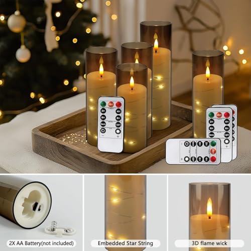 24-Pack Gray Flameless Candles with Remote Control, Battery-Powered LED Candles with Embedded Star String Lights & Realistic Flickering Flame. with Timer for Christmas, Home, Wedding, Fireplace Mantle - color: 24String-Grey