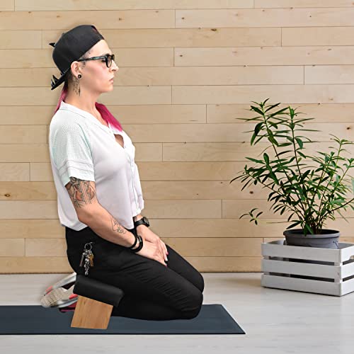 Mudra Crafts Black Foldable Meditation Chair - Yoga Zen Meditation Bench Kneeling Stool - Wooden Meditation Stool with Cushion - Prayer Kneeler Seiza Meditation Seat - color: Black Cushion