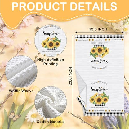 Sunflower Kitchen Towels, Black White Buffalo Plaid Gifts For Women, 09 - color: Yellow Sunflower
