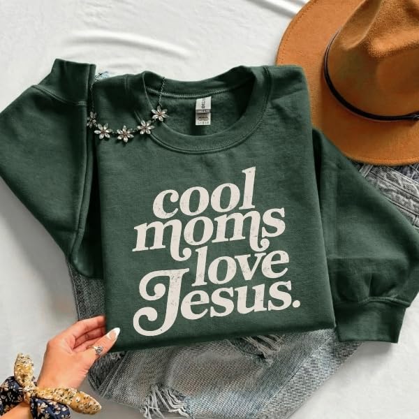 FITIN Cool Moms Love Jesus Christian Graphic Crewneck Sweatshirt – Distressed Design Faith-Based Pullover - color: Forest Green, size: XX-Large
