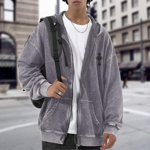 Vintage Goth Punk Zip Up Hoodies for Men Grunge Streetwear Oversized Gothic Cross Graphic Acid Wash Sweatshirt Tops - color: Gray, size: X-Large