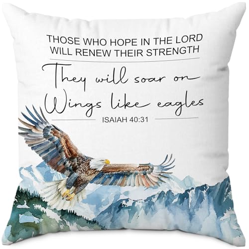 Christian Eagle Pillow Covers 18x18, Bible Verse Mountain Eagle Throw Pillow Cover Decor, Religious Scripture Decorative Pillowcase for Couch Home Bedroom Living Room - color: Eagle