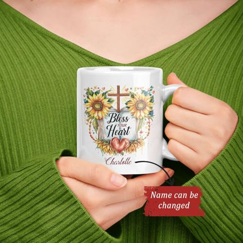 Custom Mug With Bless Your Heart Message, Christian Cup 11oz 15oz, Personalized Sunflowers And Cross Design Mug, Customized Name Religious Coffee Cup, Gift For Christian Men Women - color: HOA-624-2169-BLESS YOUR HEART MUG