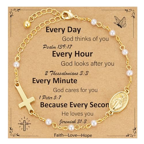 Gnamy Catholic Gifts for Teens Women, Virgin Mary Rosary Beads Cross Bracelet Religious Jewelry First Communion Confirmation Easter Basket Stuffers Teen Gifts Trendy Stuff for Daughter Gold