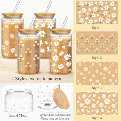 Mumufy 4 Pack Daisy Fresh Glass Cup, 16 oz Tumbler Mug with Bamboo Lid - style: Daisy Fresh