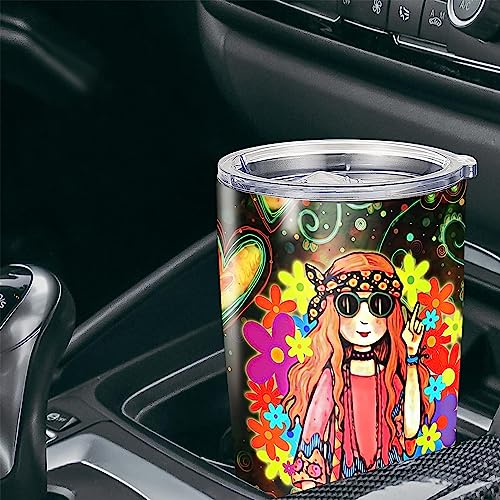 Personalized Old Hippie Tumbler Stainless Steel Travel Mug Coffee Insulated Cup With Lid Retro Style Custom Name Cute Gifts For Girl Women Men Peace Sign Colorful Print - color: Hippie