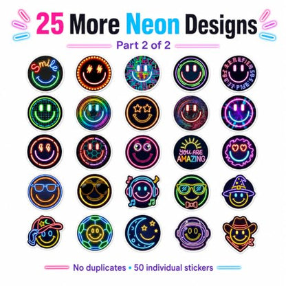 Neon Smiley Face Stickers for Kids, 50 Pcs, 2.12 Inch Waterproof - color: Neon Smiley