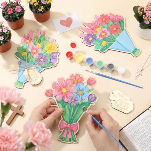 Hollowfly 24 Sets Religious Mother's Day Crafts Color Your Own Wooden Flower Cards Sign with Paint Pots & Brushes DIY Mother's Day Christian Gift for Church Sunday School Classroom Activities